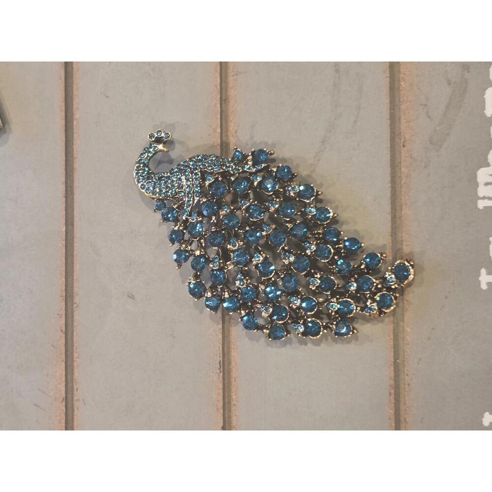 Blue green rhinestone jeweled peacock brooch